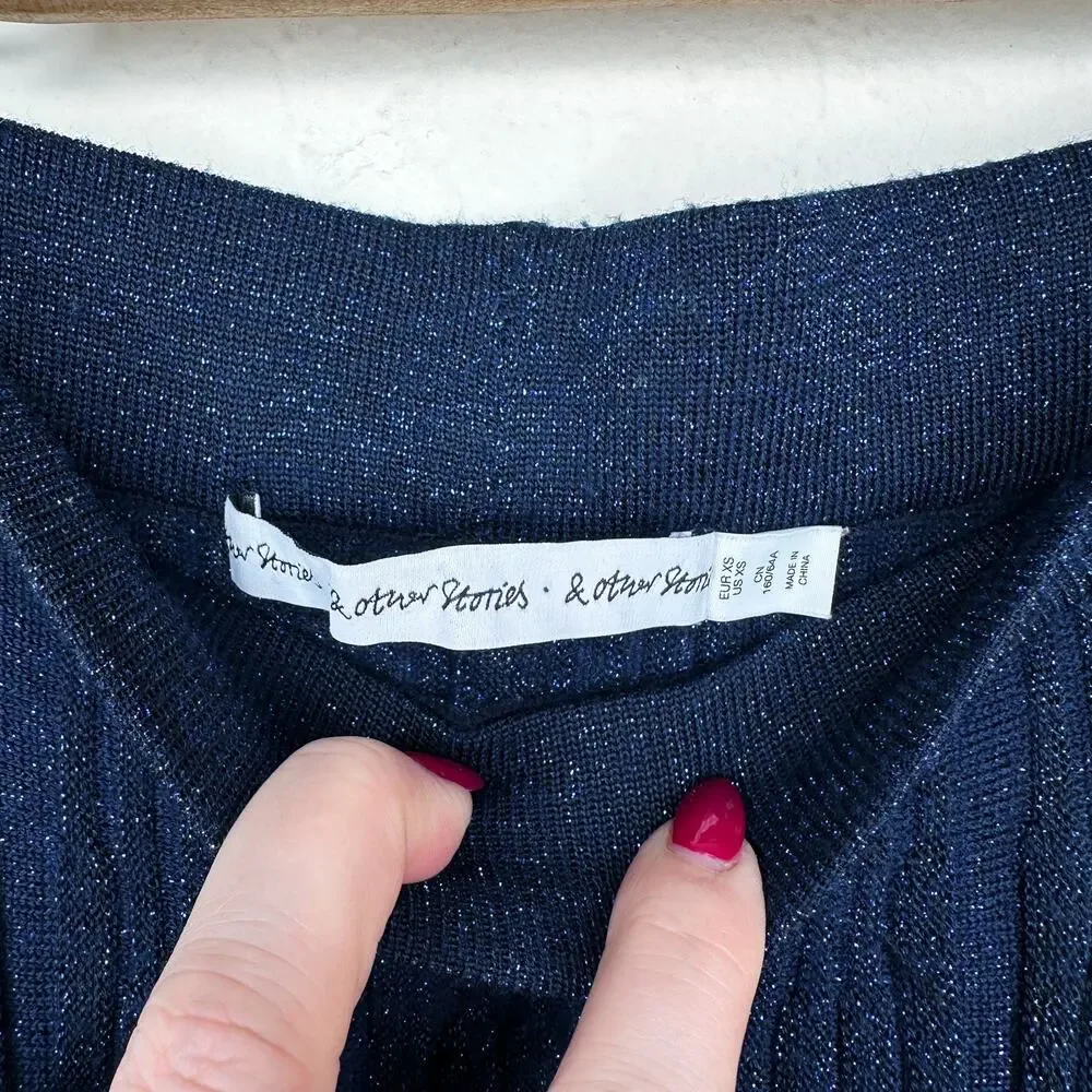 & Other Stories Glittery Pleated Rib Knit Midnight Navy Blue Sheer Midi Skirt XS